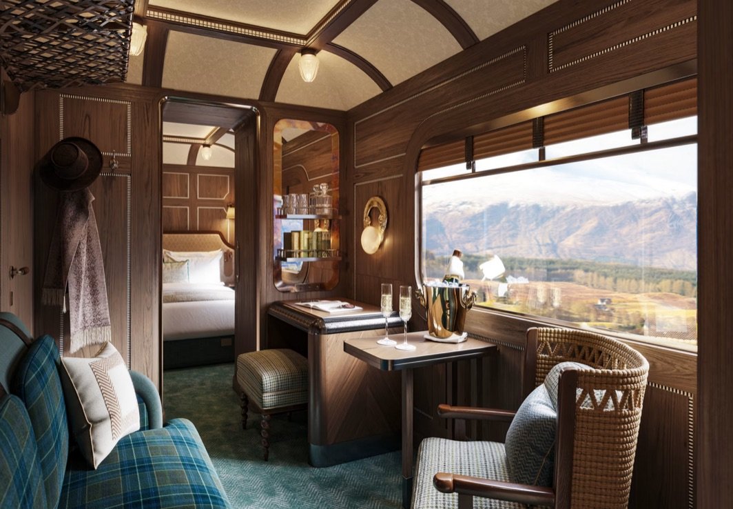 A Grand Suite cabin aboard the Royal Scotsman luxury train in Scotland.