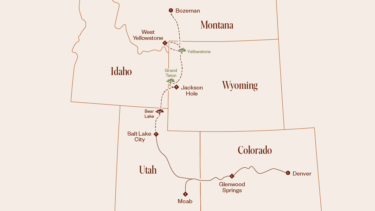Canyon Spirit route map through Colorado, Utah, Wyoming and Montana, from Denver to Bozeman via Moab, Salt Lake City, Jackson Hole and West Yellowstone