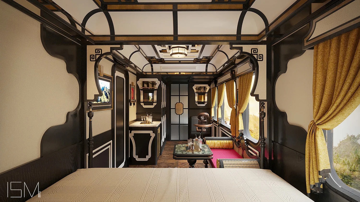 SJourney suite interior with lacquered joinery and private facilities
