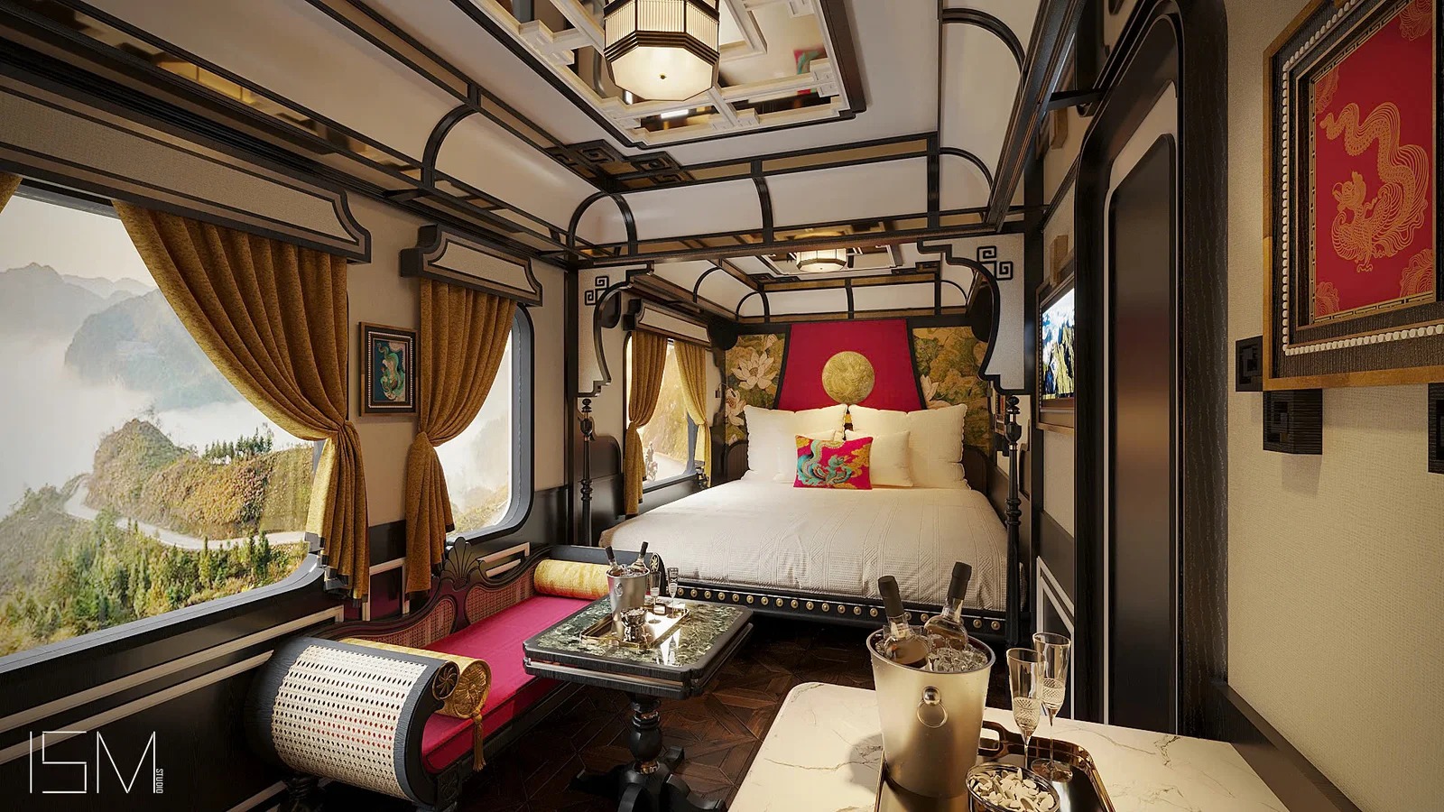 Indochine-style SJourney suite with double bed and panoramic window