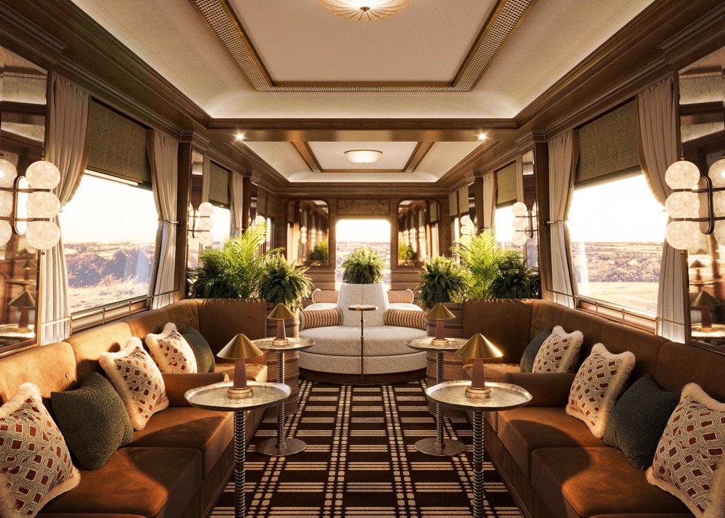 The lounge car of the Britannic Explorer with British contemporary interiors.